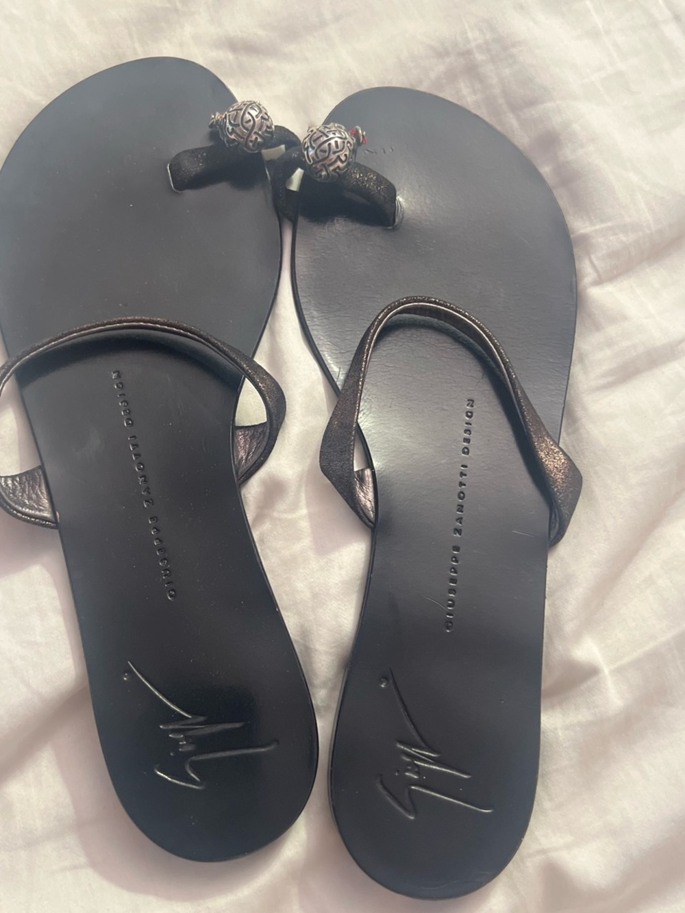 Giuseppe Zanotti Black Leather Toe-Post Sandals with Silver Orb Accents